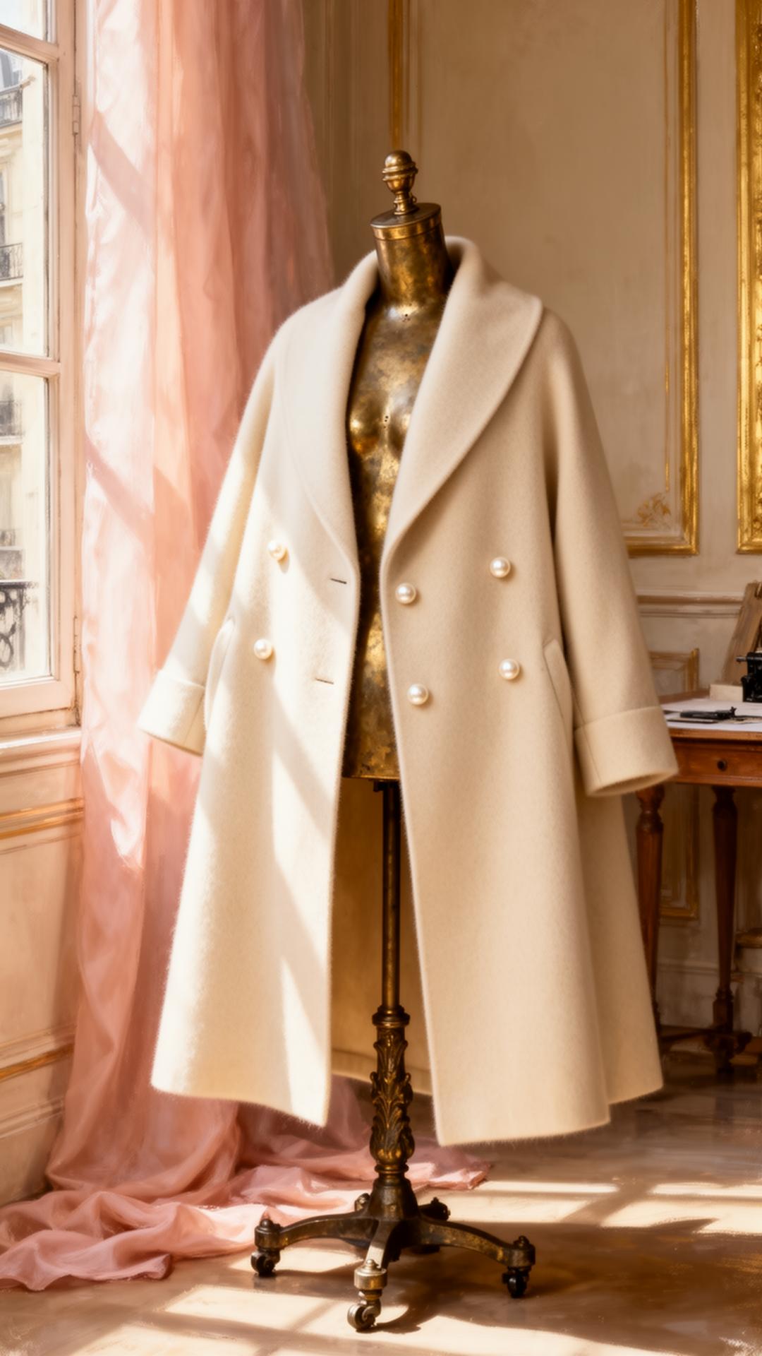 Charcoal wool Odyssey overcoat lit by single bronze key light